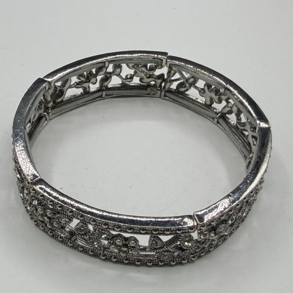 Silver Tone Floral Rhinestone Faux Pearl Filigree Wide Stretch Cuff Bracelet